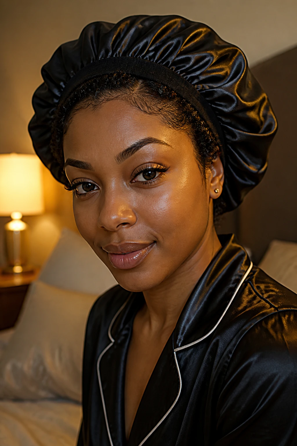 Close-up of a real woman with satin bonnet showing hair at bonnet edges in a dim bedroom
