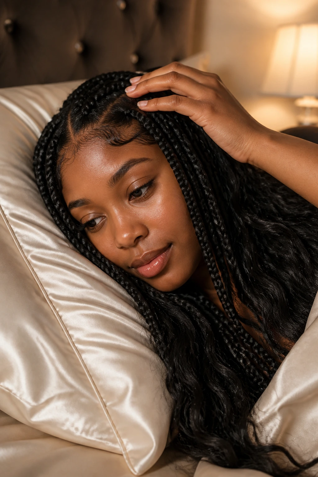 Portrait of a real woman performing night care with braids in a softly lit bedroom