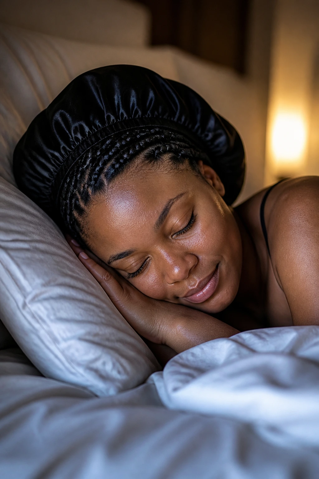 Person wearing satin bonnet with braided crown in bed for night care
