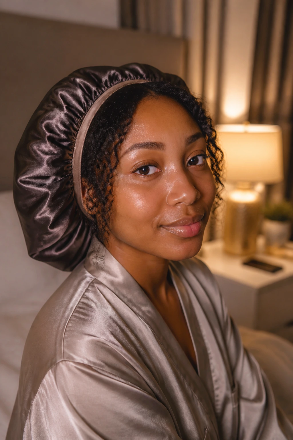 Close-up of a real Black woman in a bedroom wearing a satin bonnet with layered hair visible