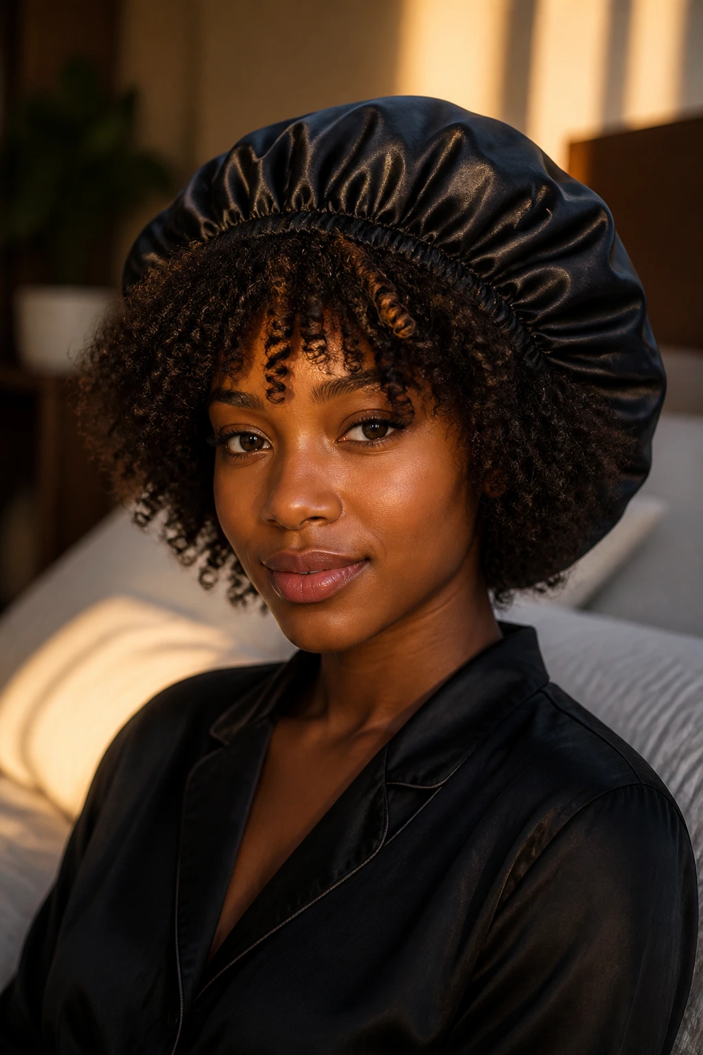 Close-up of a real Black woman with layered hair under a satin bonnet in a bedroom