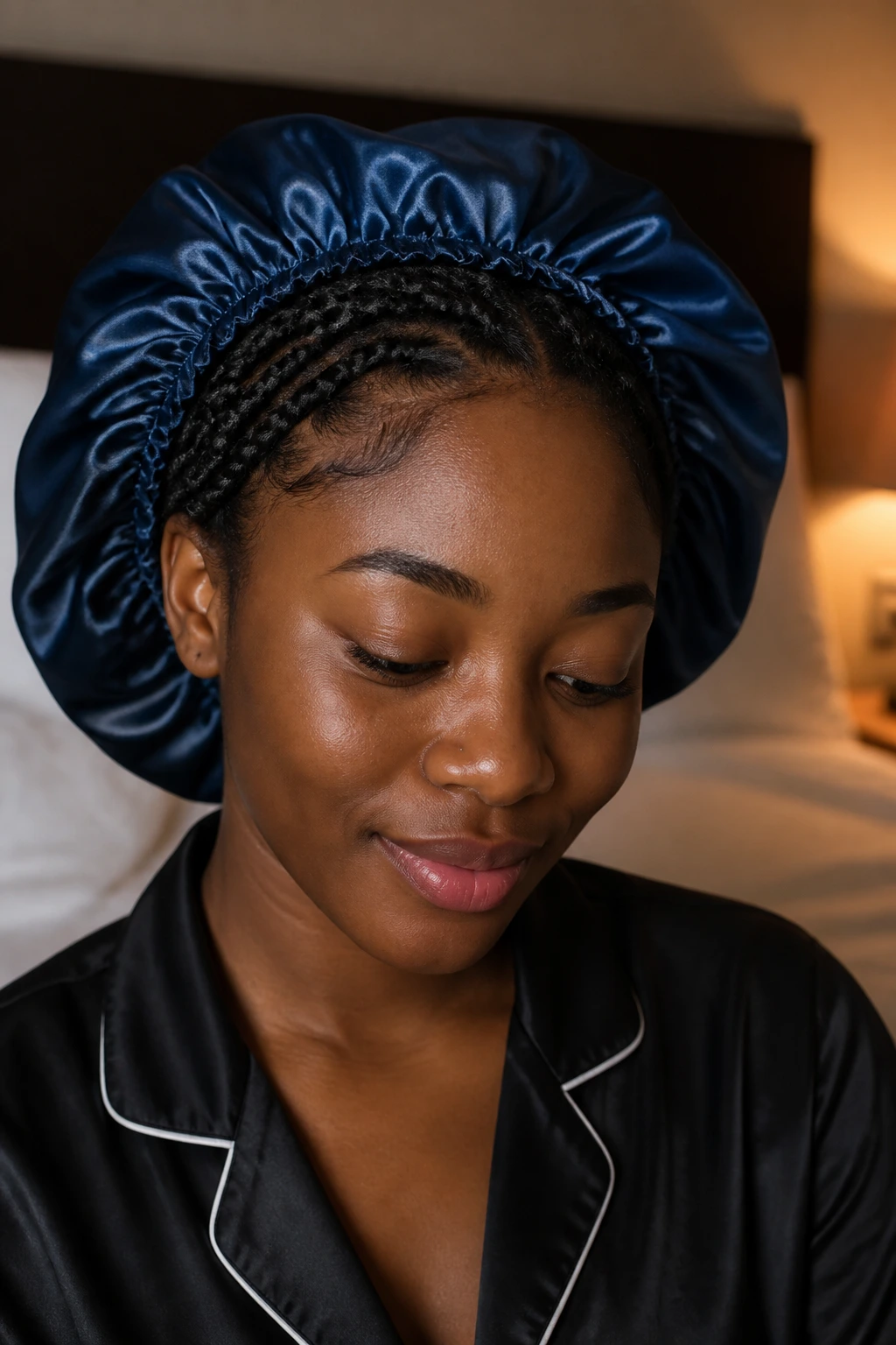 Night-time portrait of a person with short braids under a satin bonnet in a bedroom