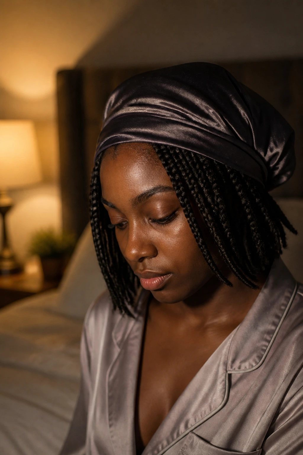 Close-up of braided hair under satin bonnet at night