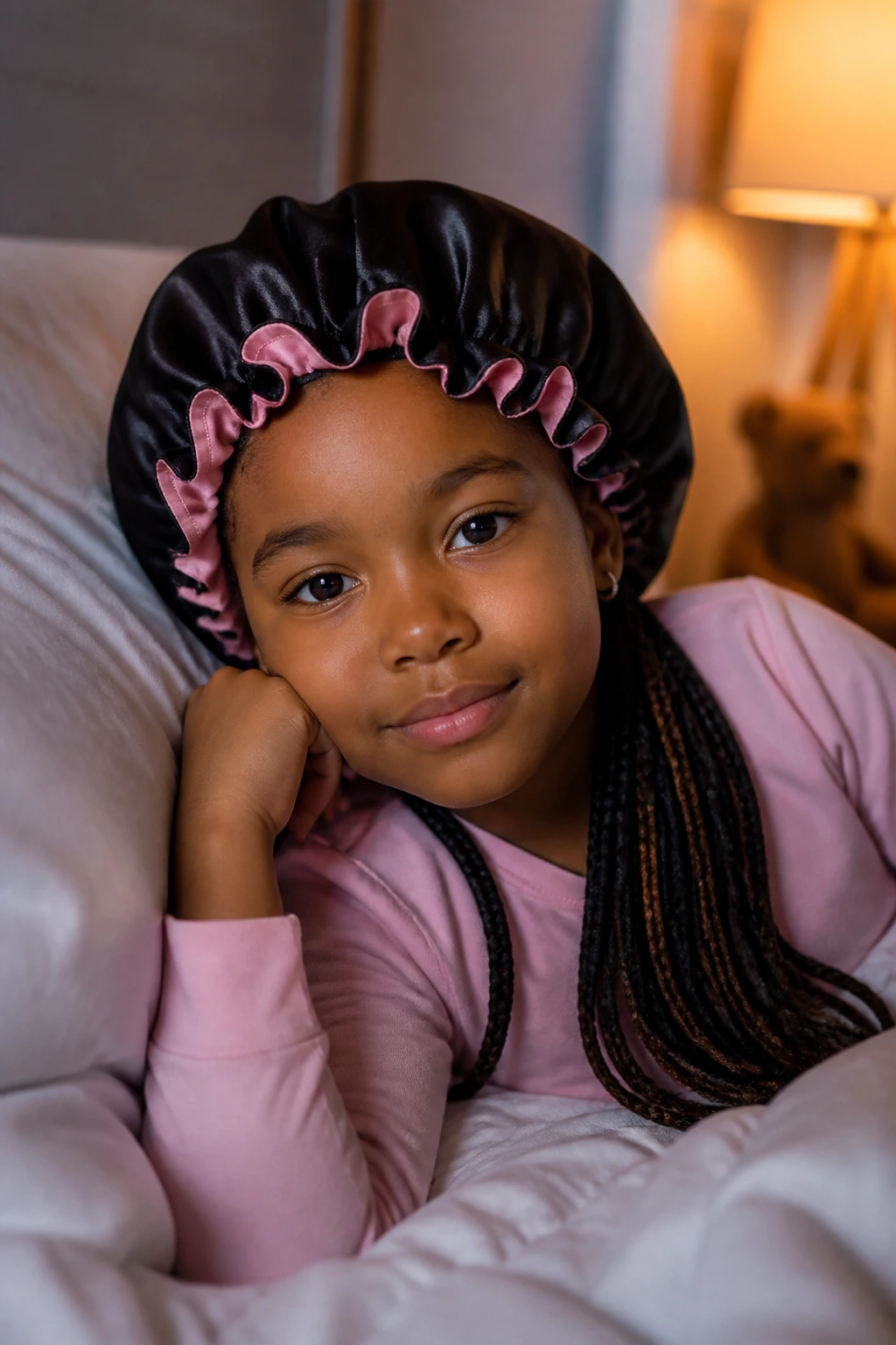 Close-up of a real child wearing a satin bonnet during night care at home