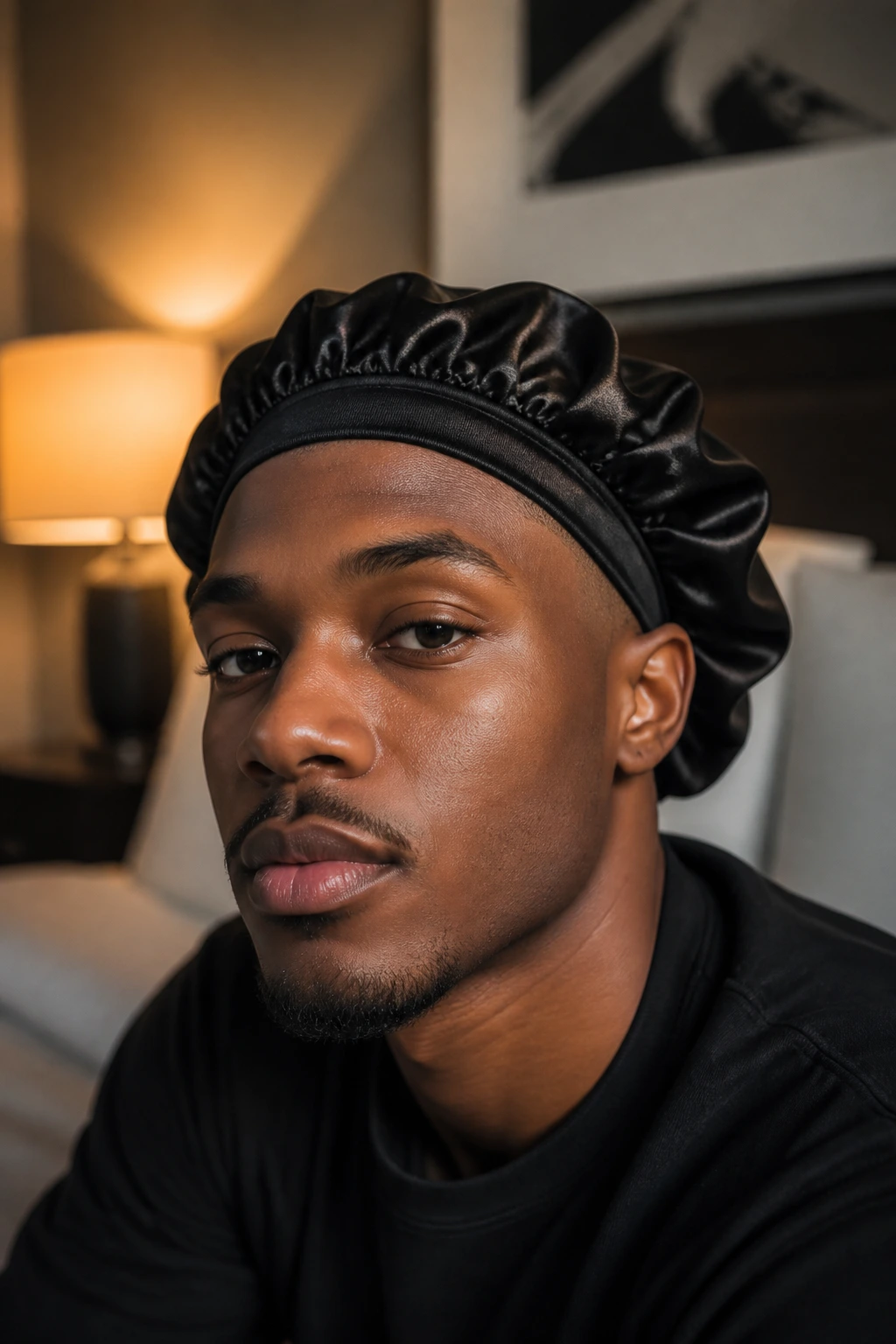 Man wearing a satin bonnet protecting the front money piece between visits.