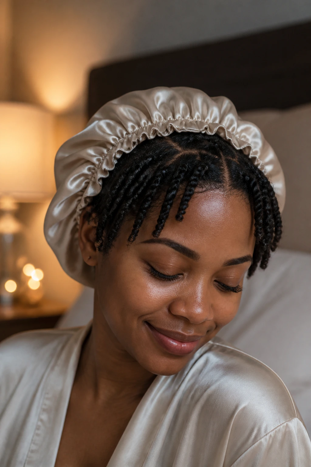 Real person with short twists wearing a satin bonnet in a softly lit bedroom