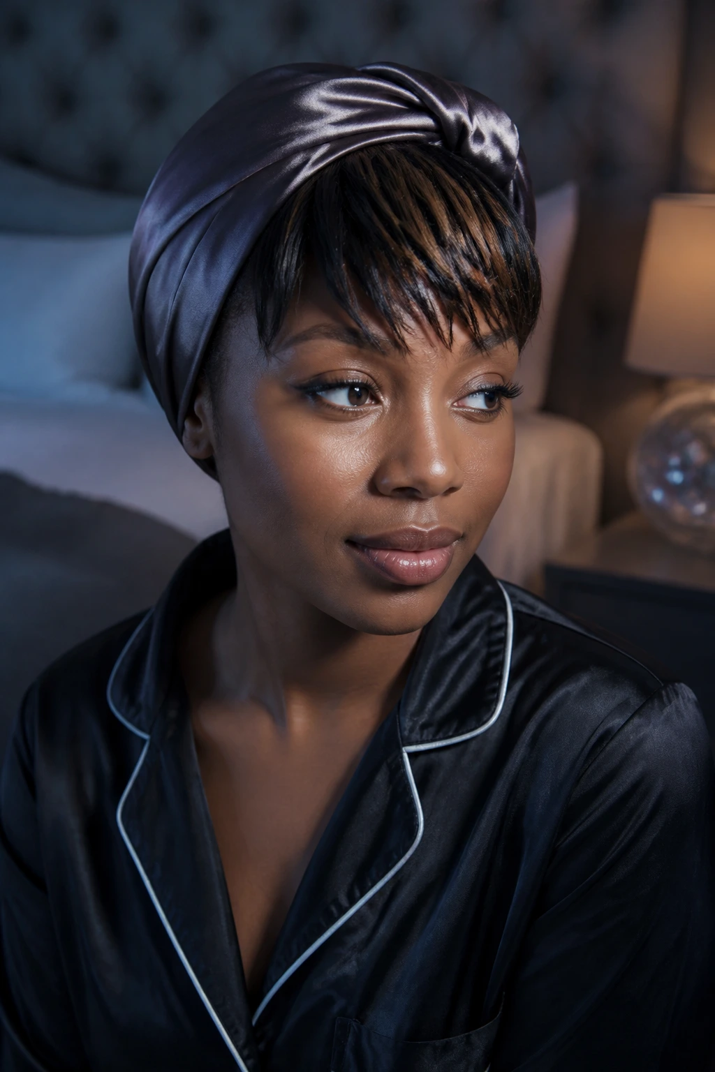 Real person wearing a satin scarf over bangs for night care in a bedroom.