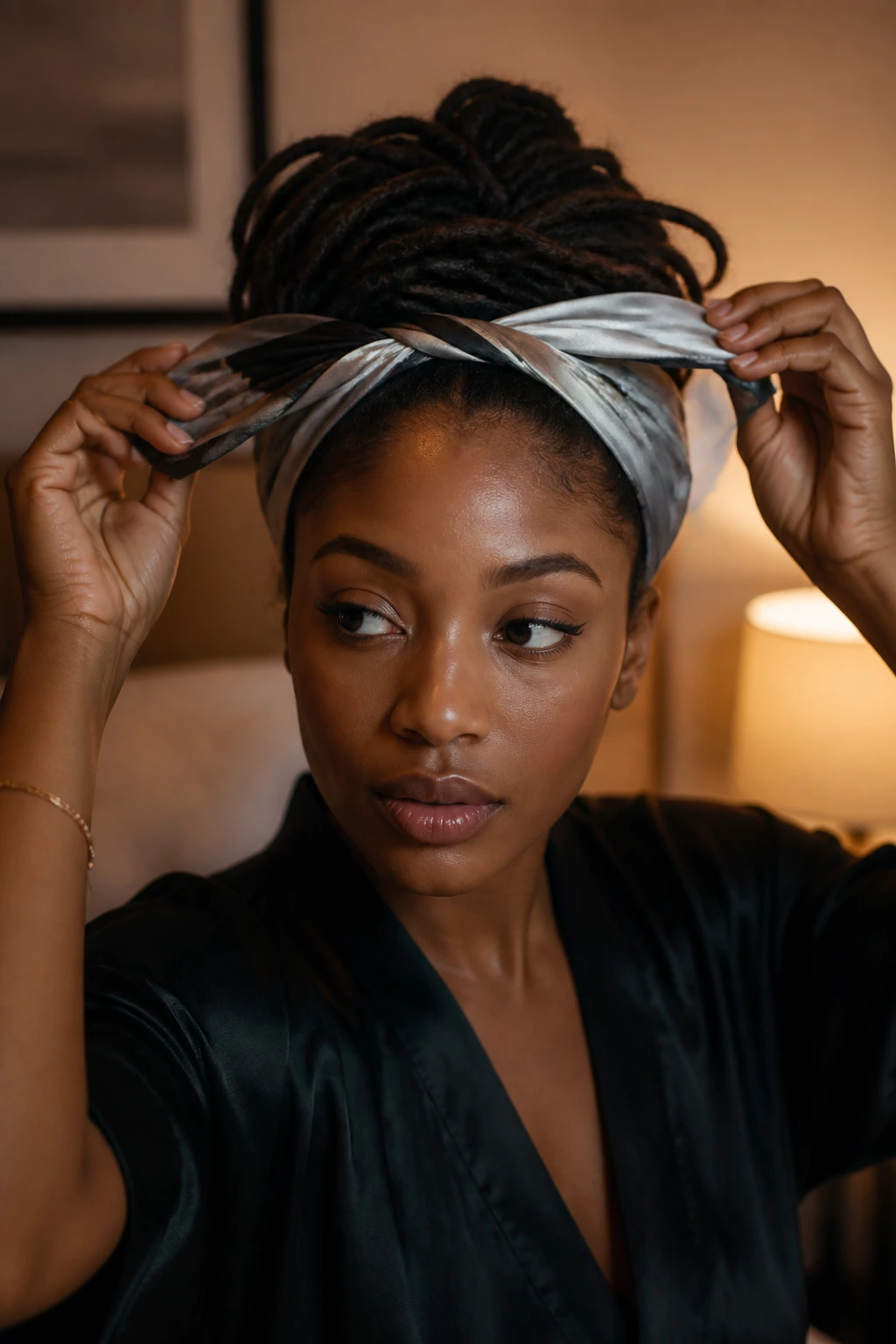 Real person wrapping a satin scarf around their locs at night