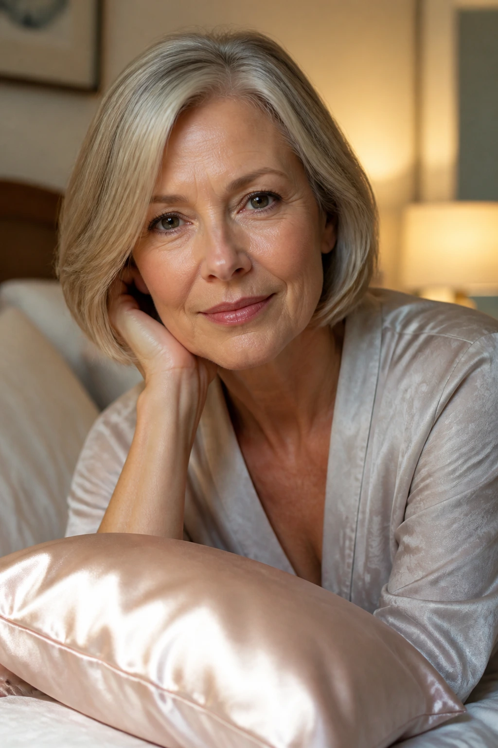 Close-up of a real woman with chin-length hair relaxing in bed to show care between salon visits.