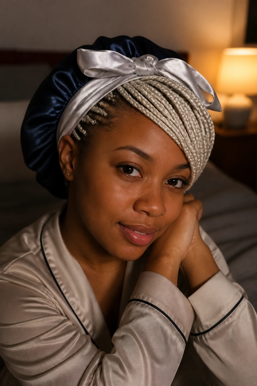 Portrait of a woman with white braids wearing a satin scarf at night illustration of night care