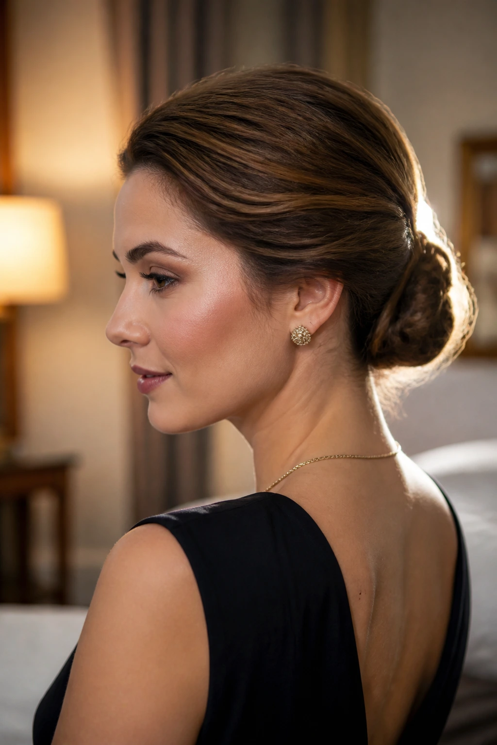 Woman with a sleek low bun secured by pins in a softly lit room
