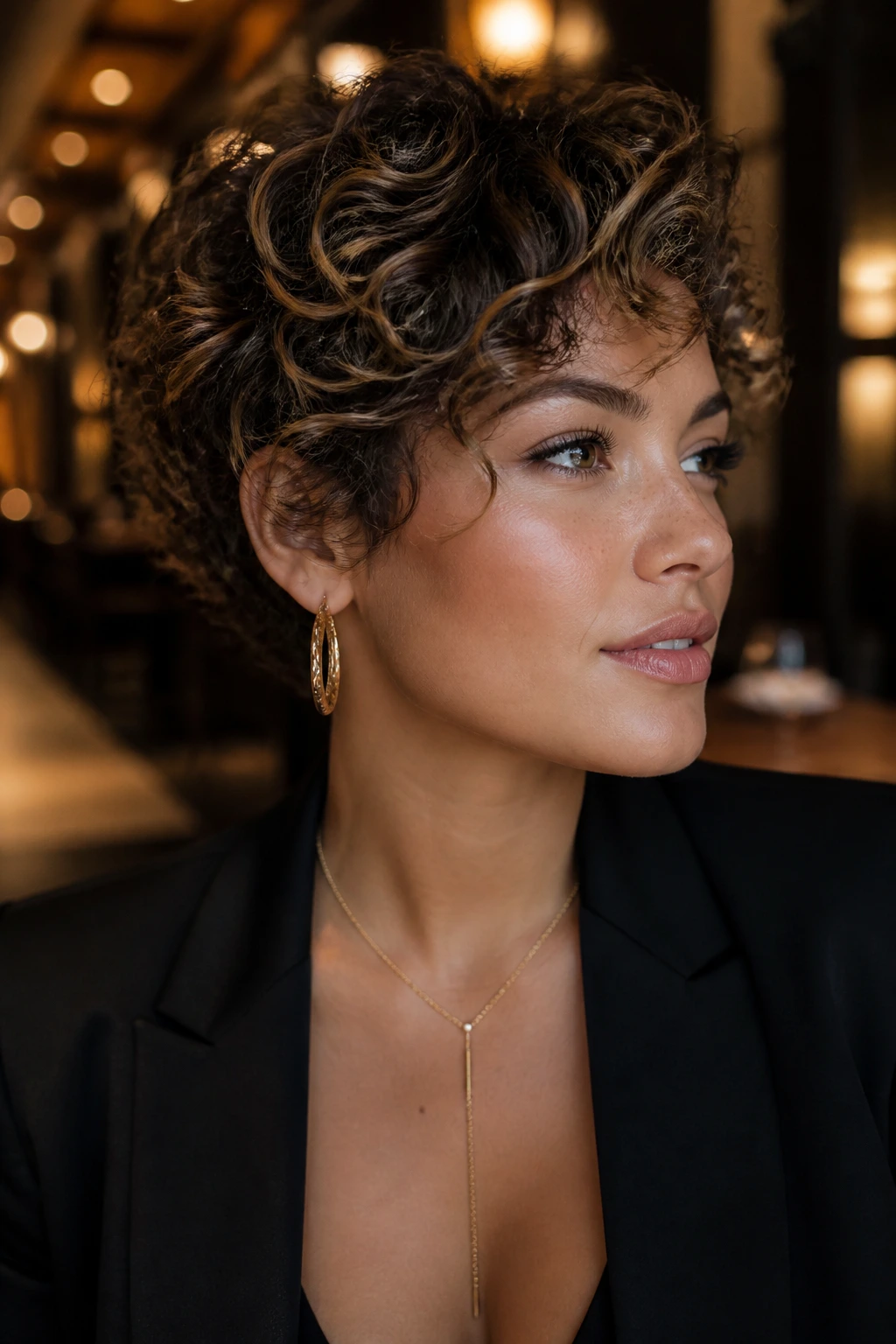 Real woman wearing short curly babylights for a night out