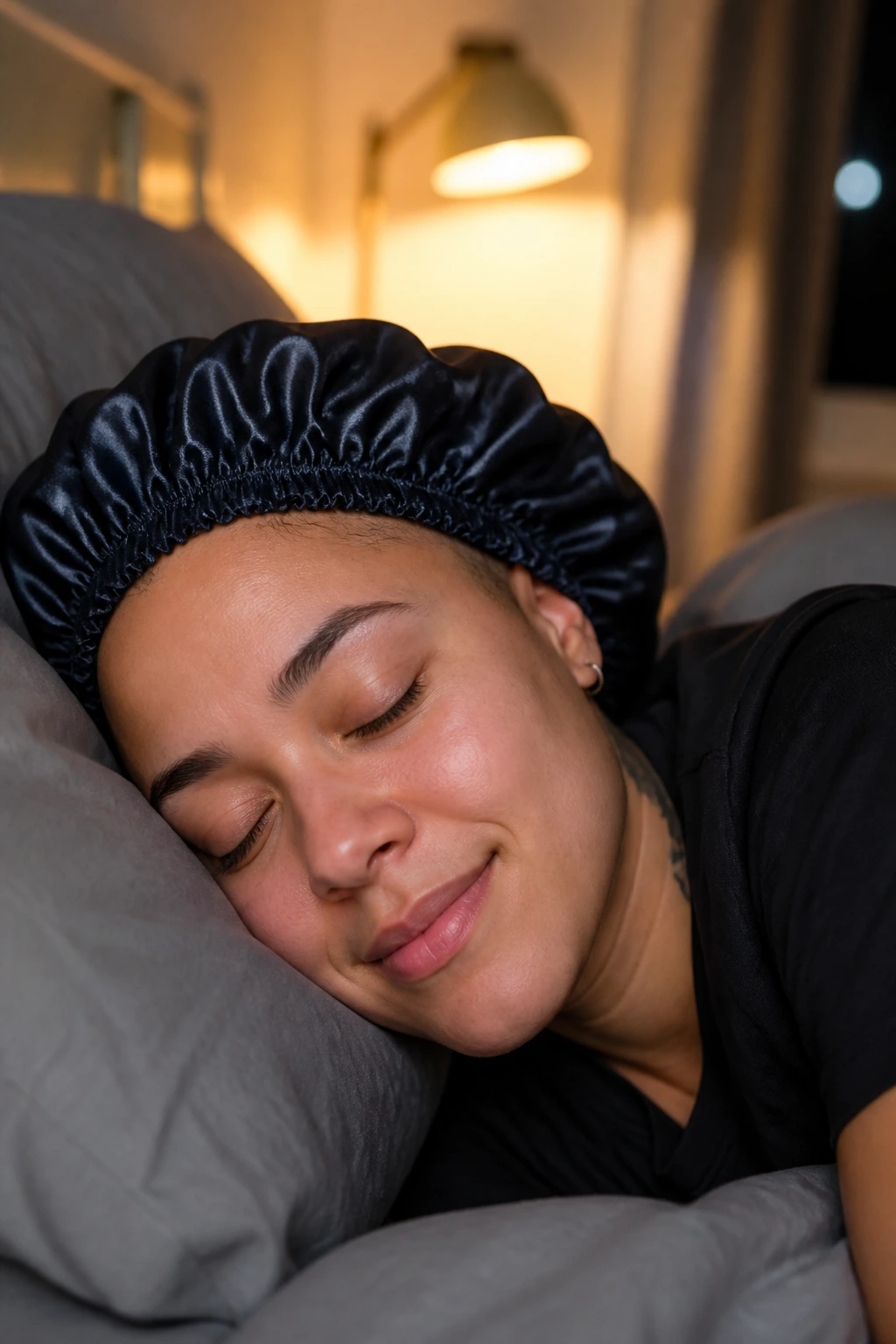 Close-up of a person wearing a satin bonnet in bed for night-before prep and day-after refresh