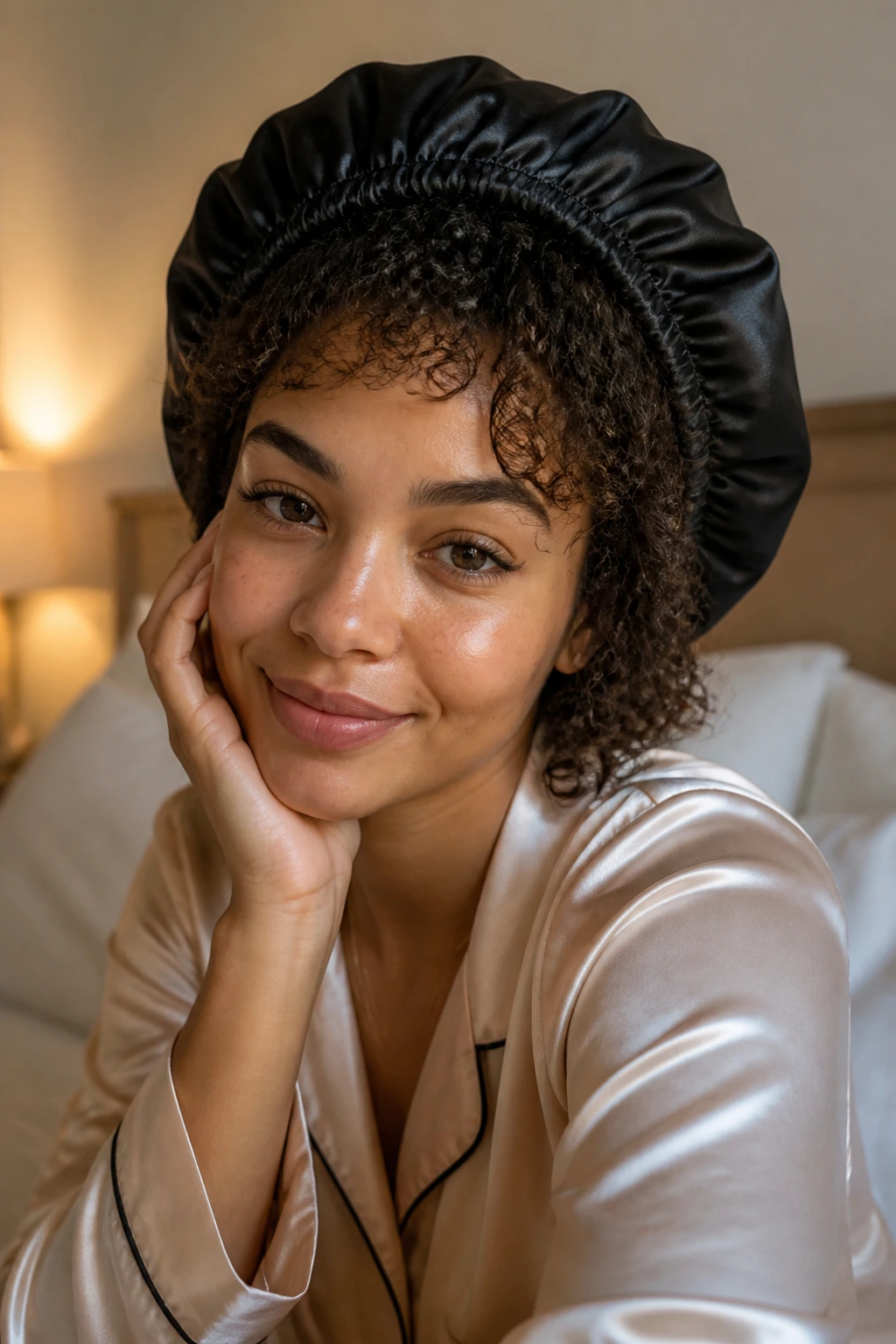 Woman with satin bonnet protecting curly hair in a softly lit bedroom