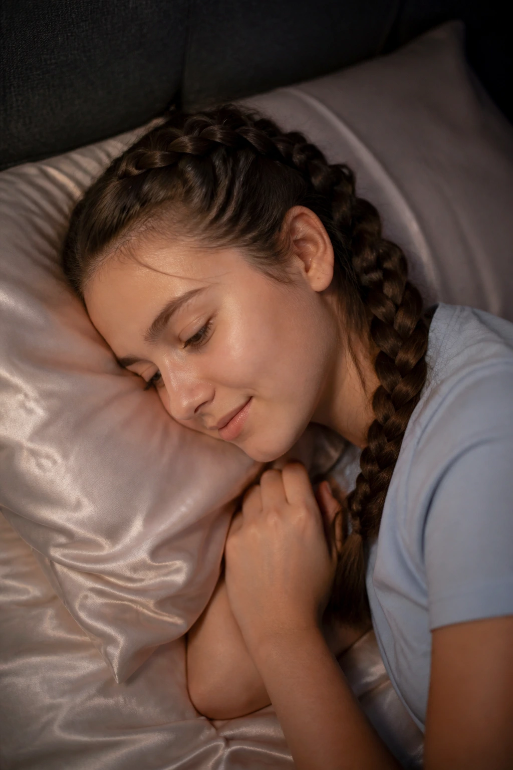 Woman resting on satin pillowcase with hair prepped for next day
