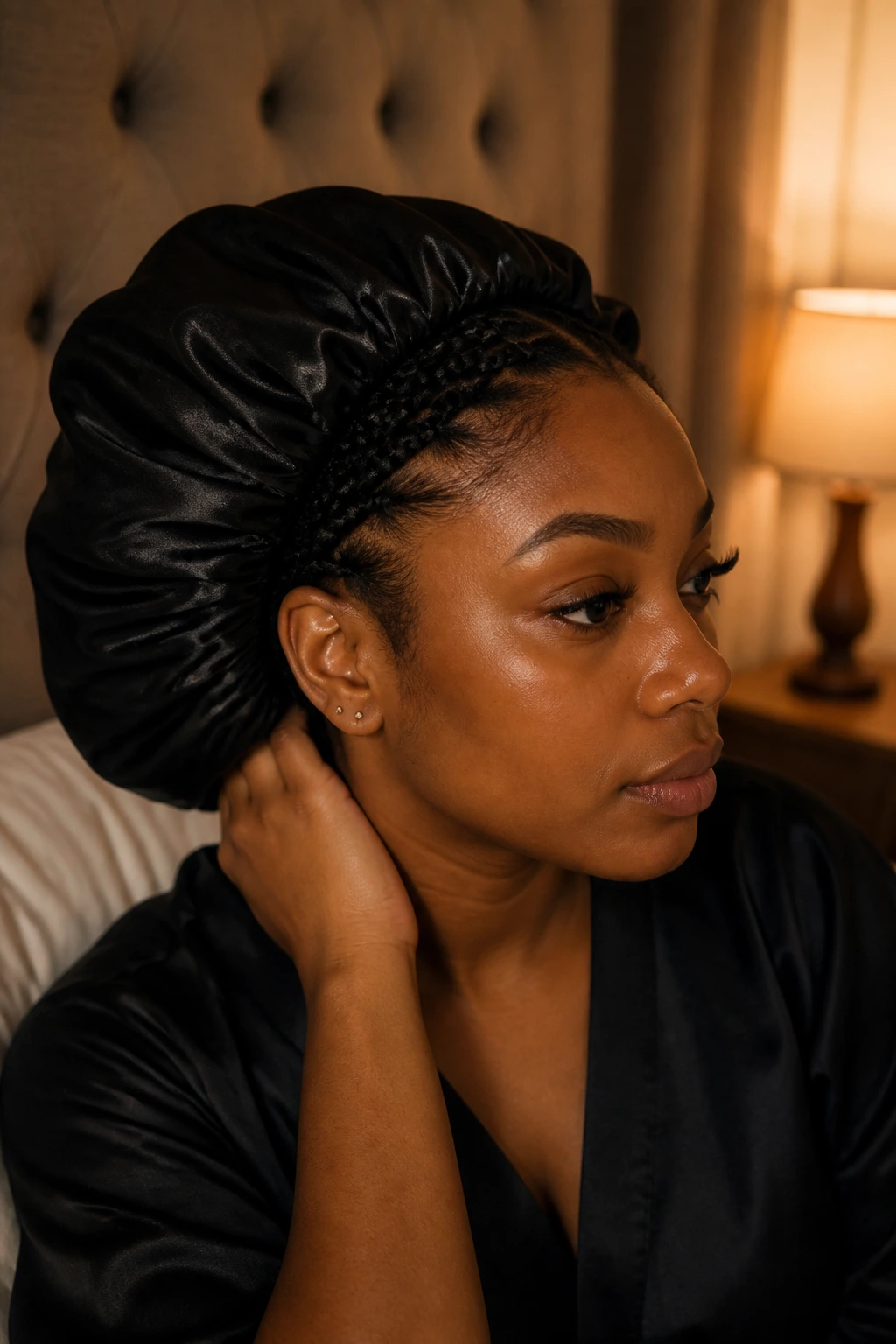 Real woman in a satin bonnet protecting braids at night