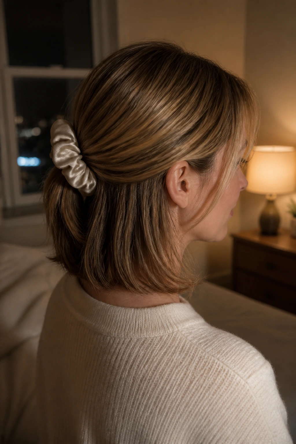 Person with silk scrunchie keeping bob shape at night