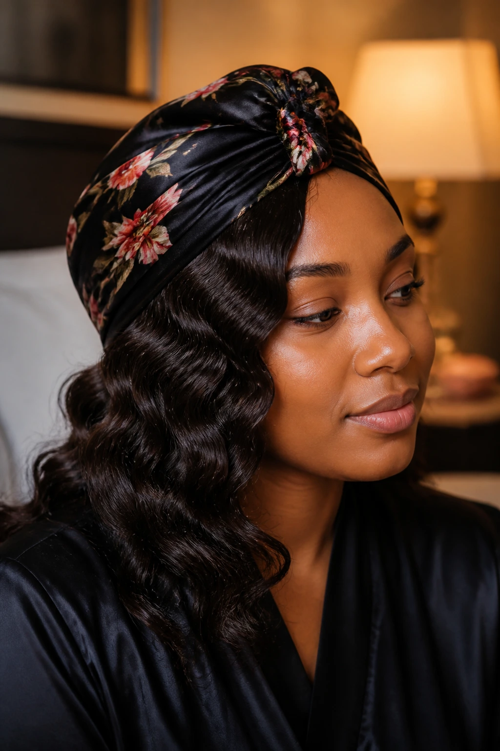Real woman wearing a silk-wrapped night style with waves showing underneath.