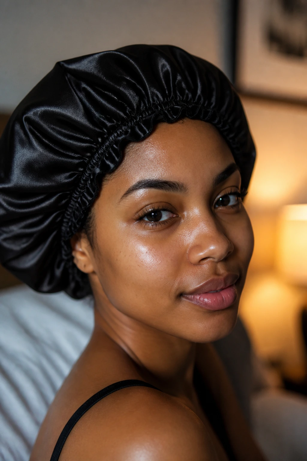 Close-up of a woman wearing a satin night wrap bonnet in a cozy bedroom