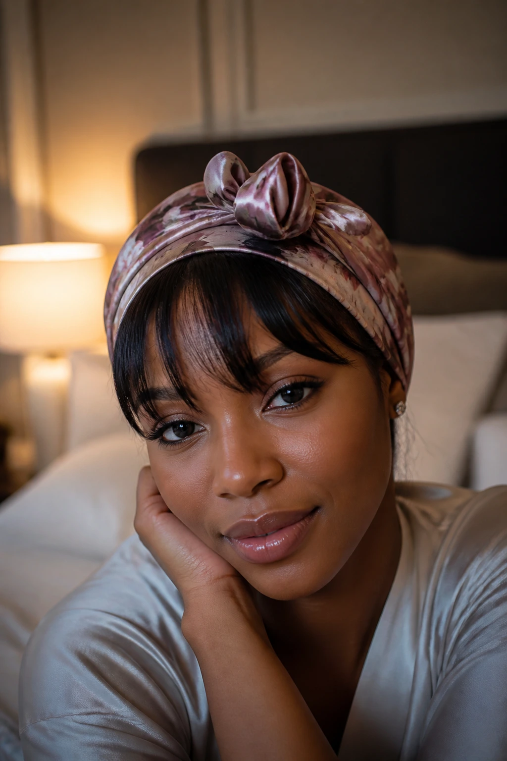 Real woman wearing a satin scarf on head with bangs in front in a cozy room