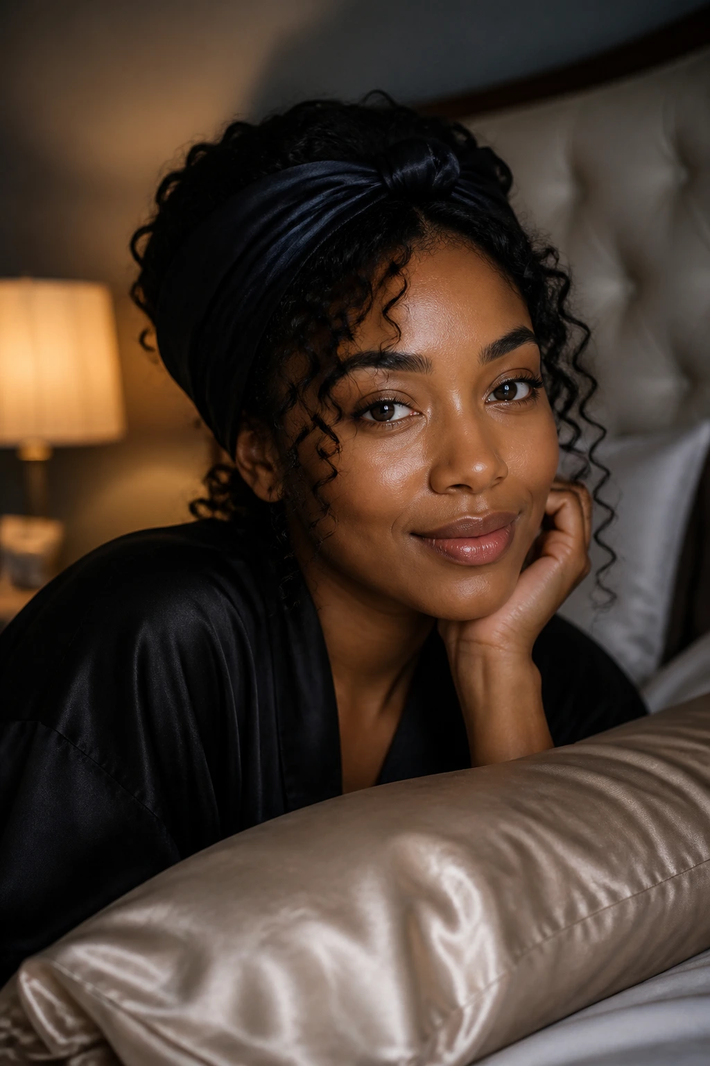Close-up of a Black woman with loose curls in a softly lit bedroom