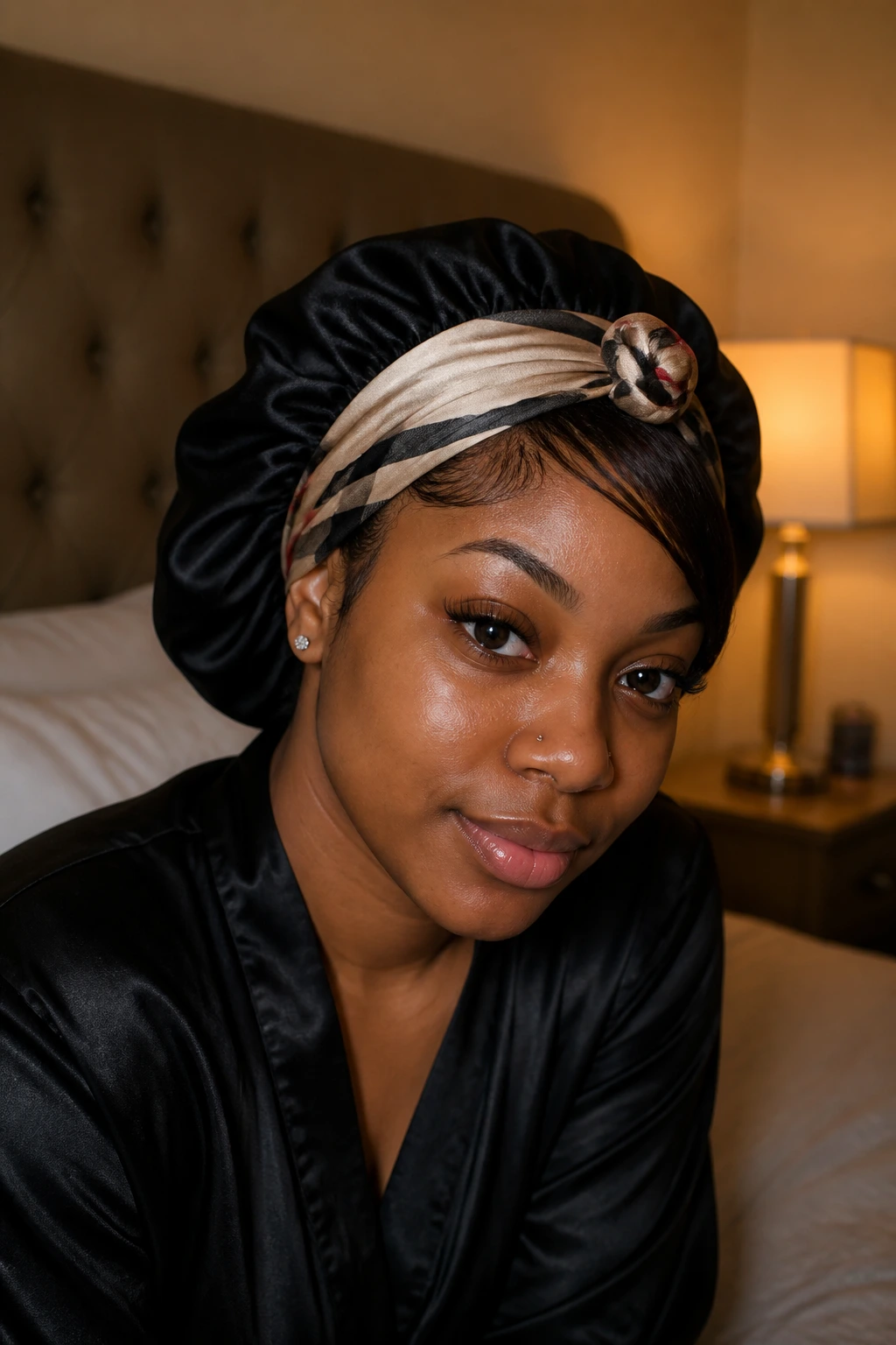 Close-up portrait of a real Black woman in a night setting wearing a satin bonnet and scarf, illustrating nighttime care for a quick weave.