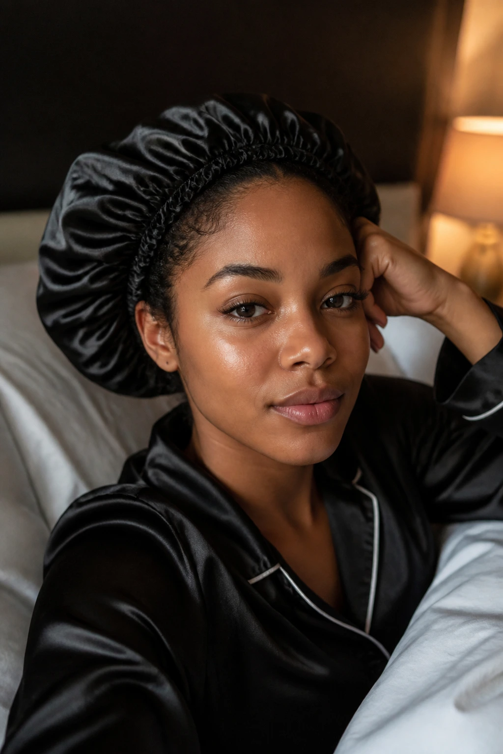Person wearing satin bonnet resting in bed for nighttime hair care