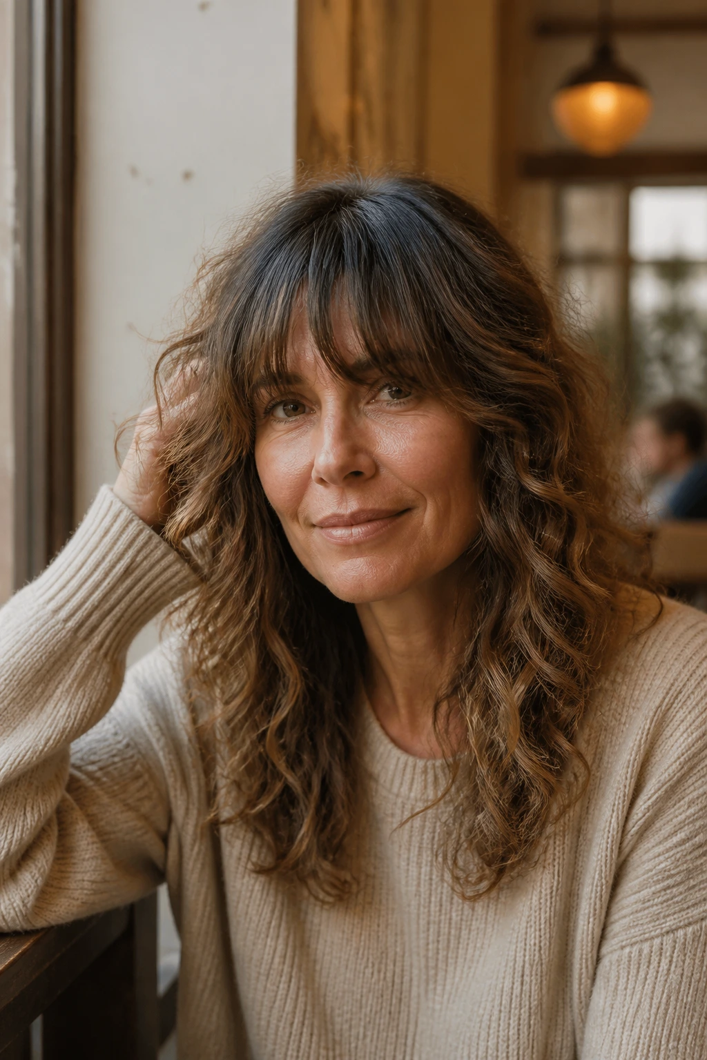 Close-up of a woman with a no-drama long fringe past the brows