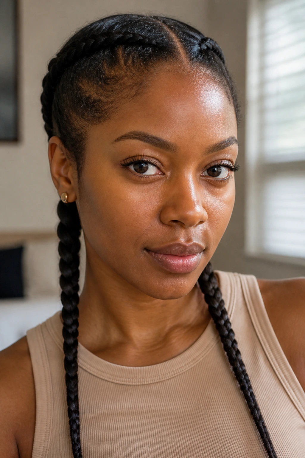 Close-up of a real Black woman's head showing no-extension three-strand pigtails
