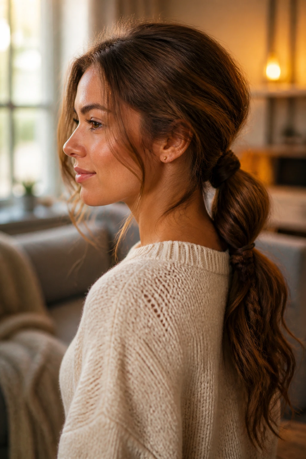 Portrait of a woman with a low textured ponytail and small braid