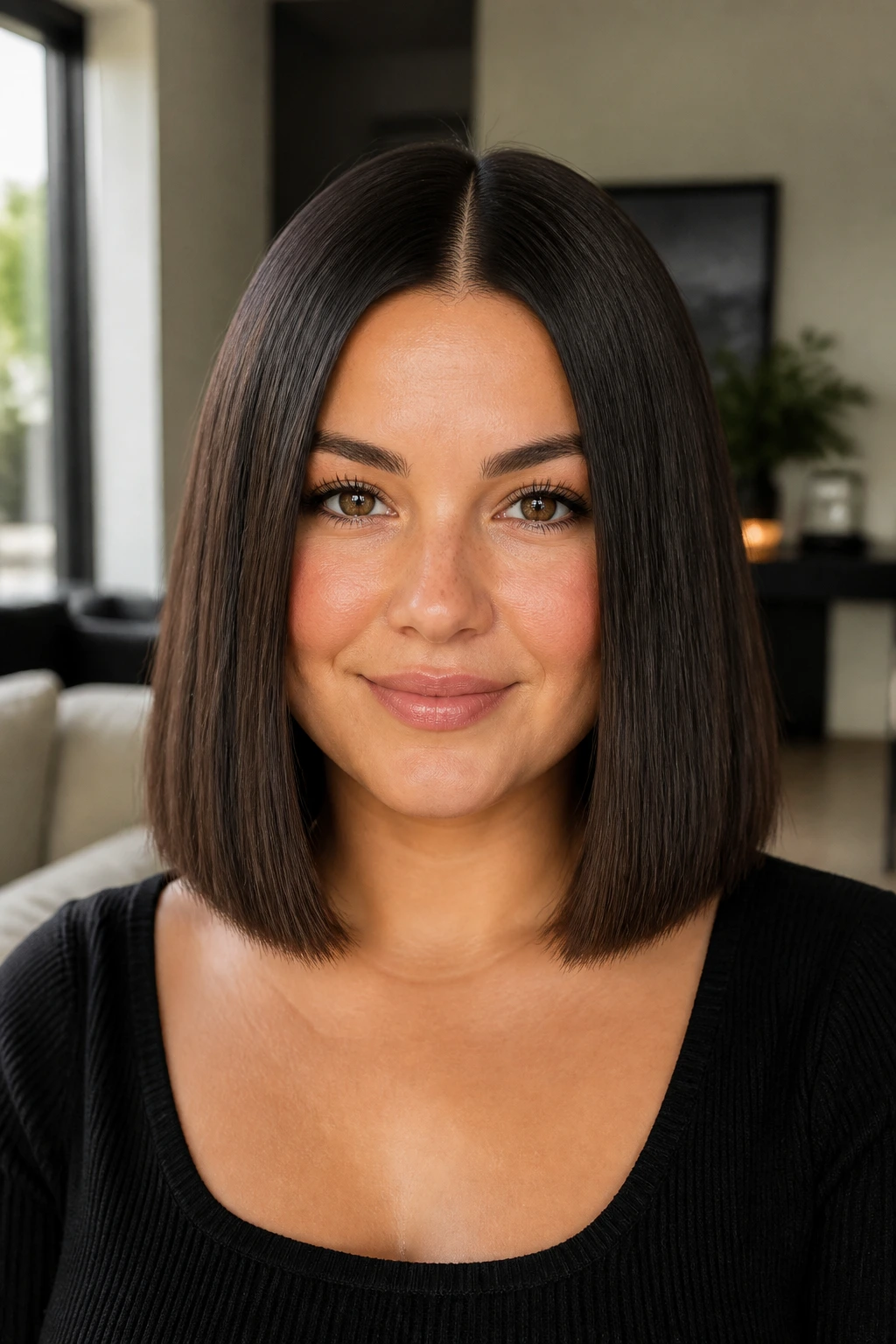Portrait of real woman with no-layer lob and strong middle part