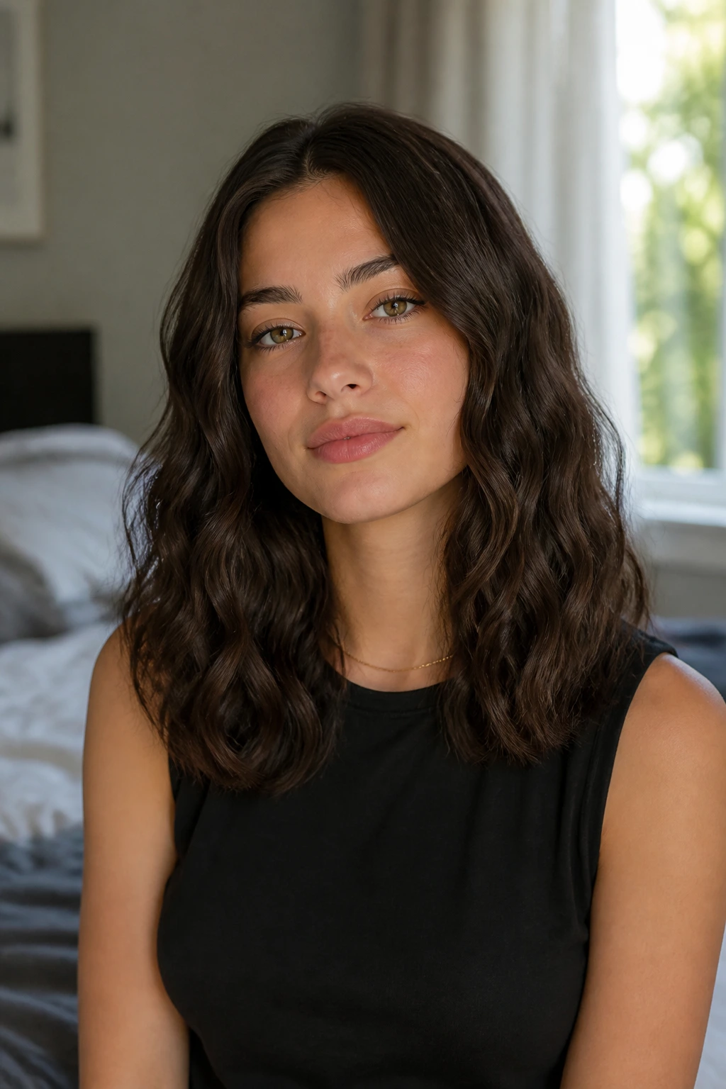 Close-up of a real woman with a blunt, collarbone-length wavy haircut.