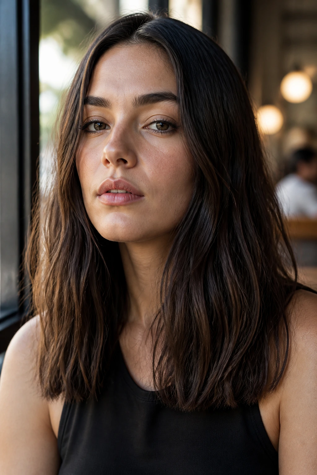 Close-up of a real person with a blunt no-layers cut, long hair filling the frame