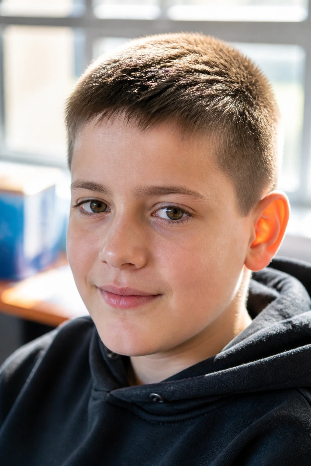 Close-up of a real boy with a no-product crew cut, textured top and crisp sides.
