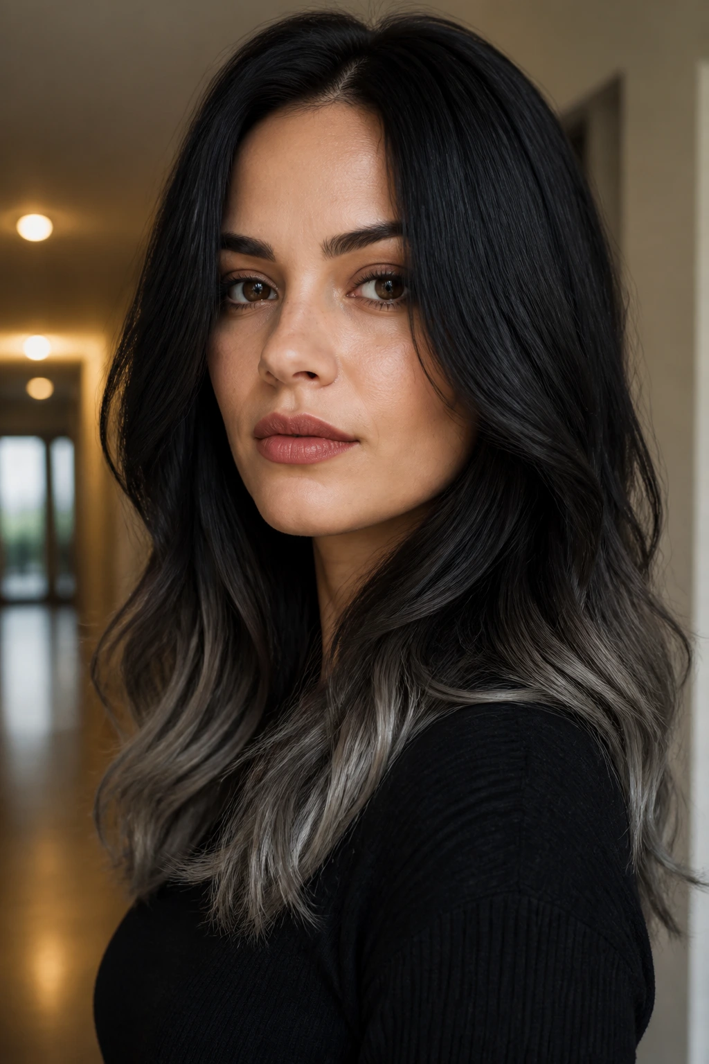 Noir brunette with smoke tips at the ends in a close-up portrait