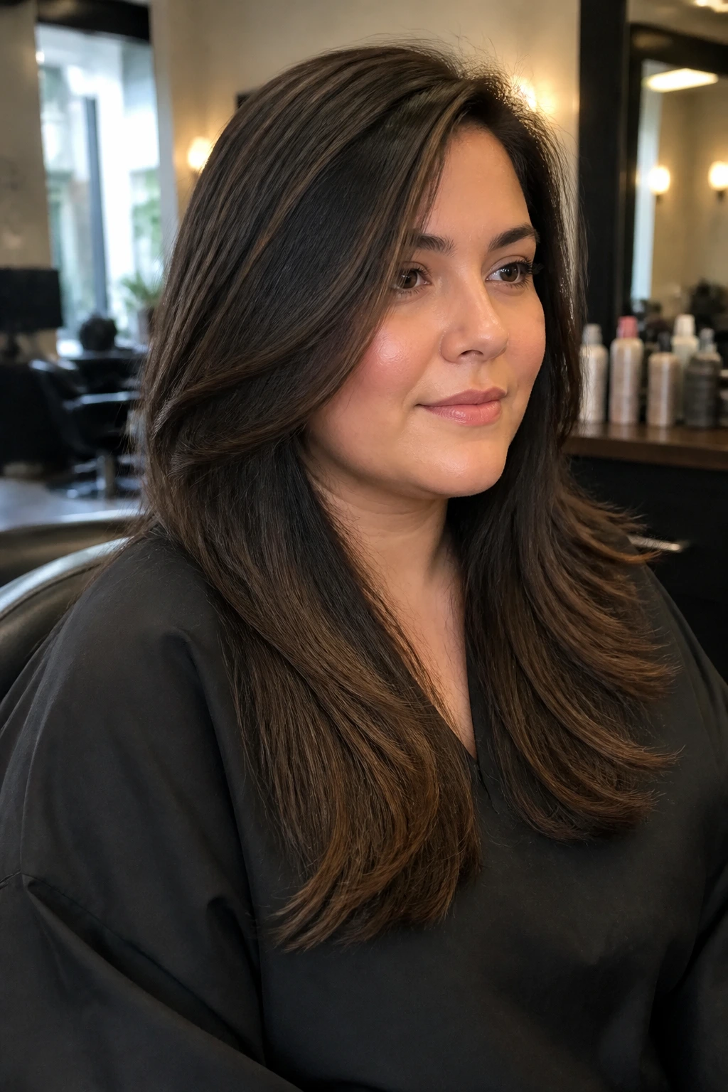 Real woman in salon chair with side-parted long hair showing a non-boxy silhouette