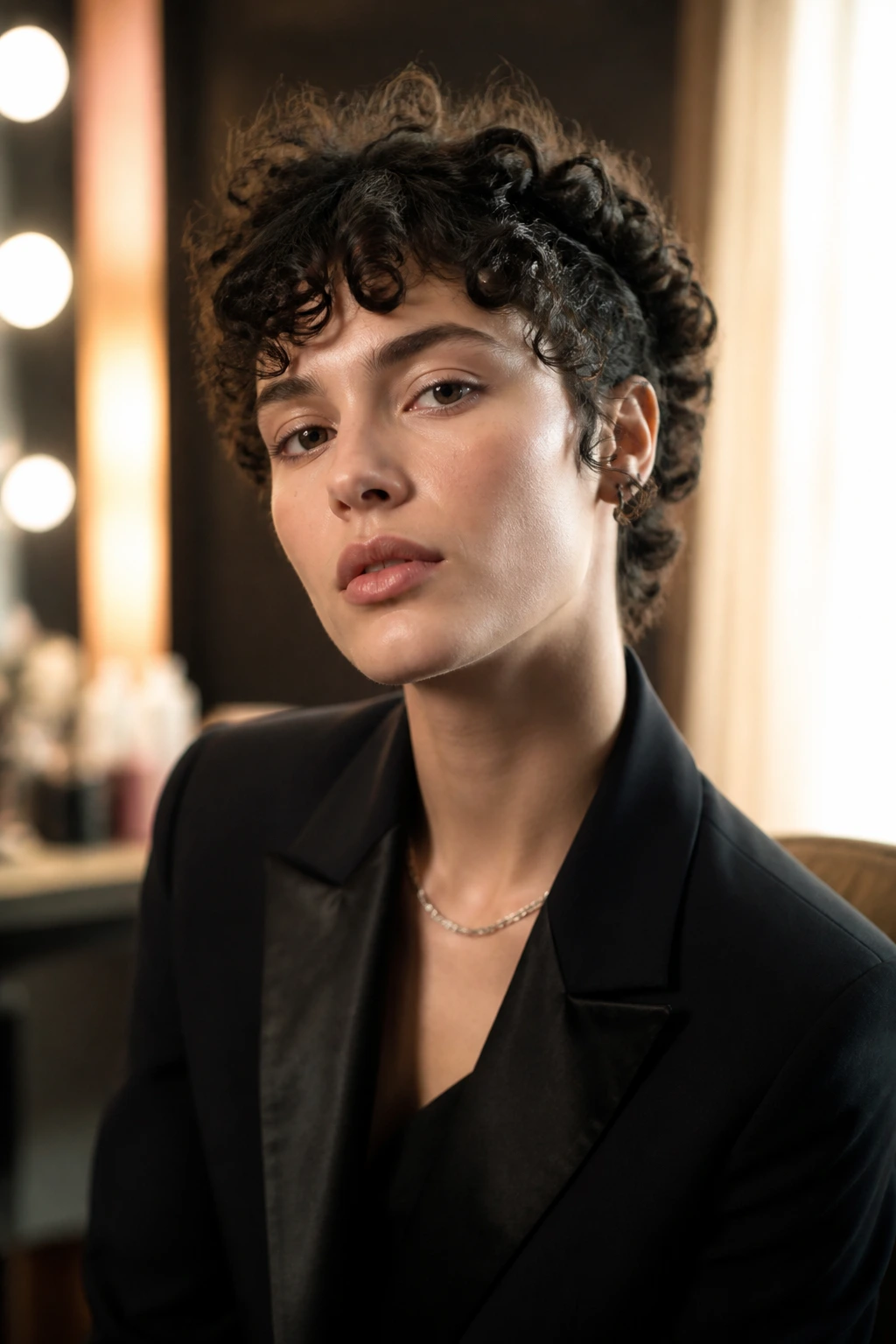 Close-up portrait of a person with a nonbinary curly haircut under warm window light in a backstage setting.