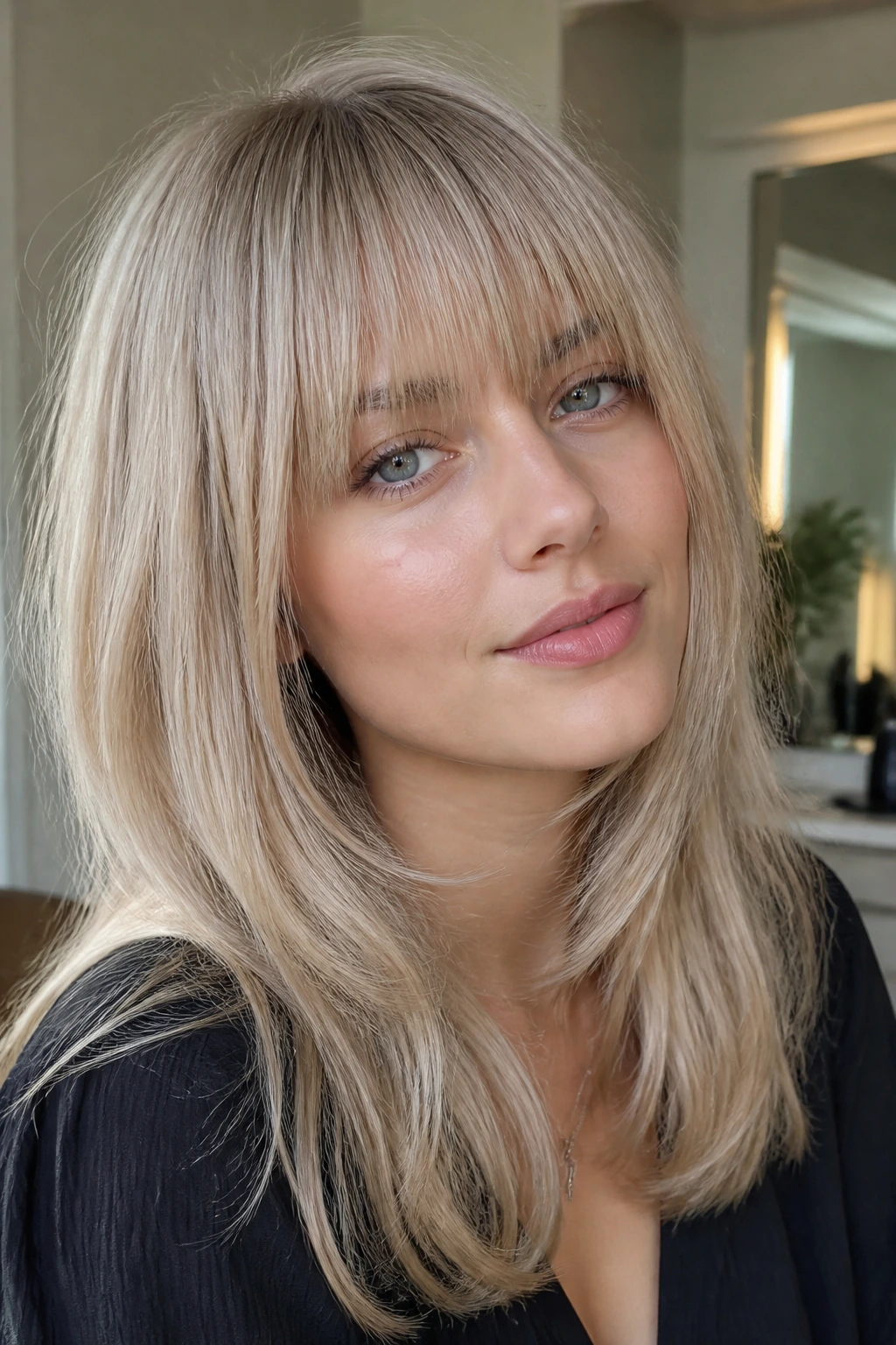 Portrait of a woman with Nordic beige blonde and brow-skimming bangs in natural light