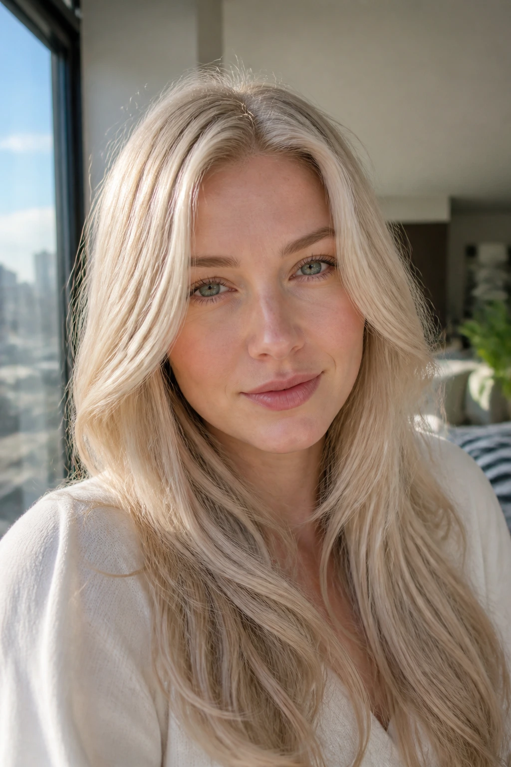 Close-up portrait of a real woman with Nordic beige blonde hair