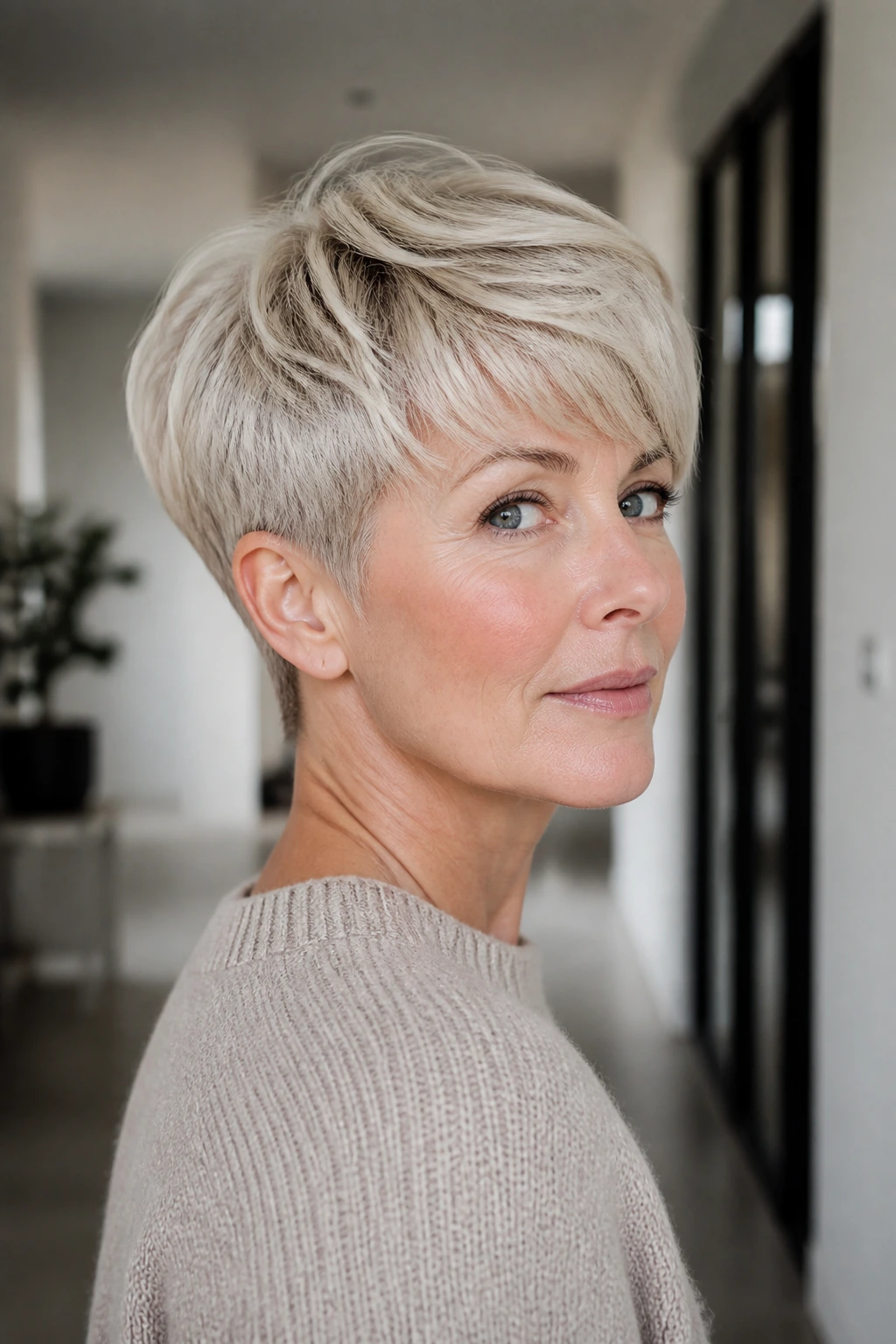 Three-quarter profile of a woman with Nordic bixie and tapered nape