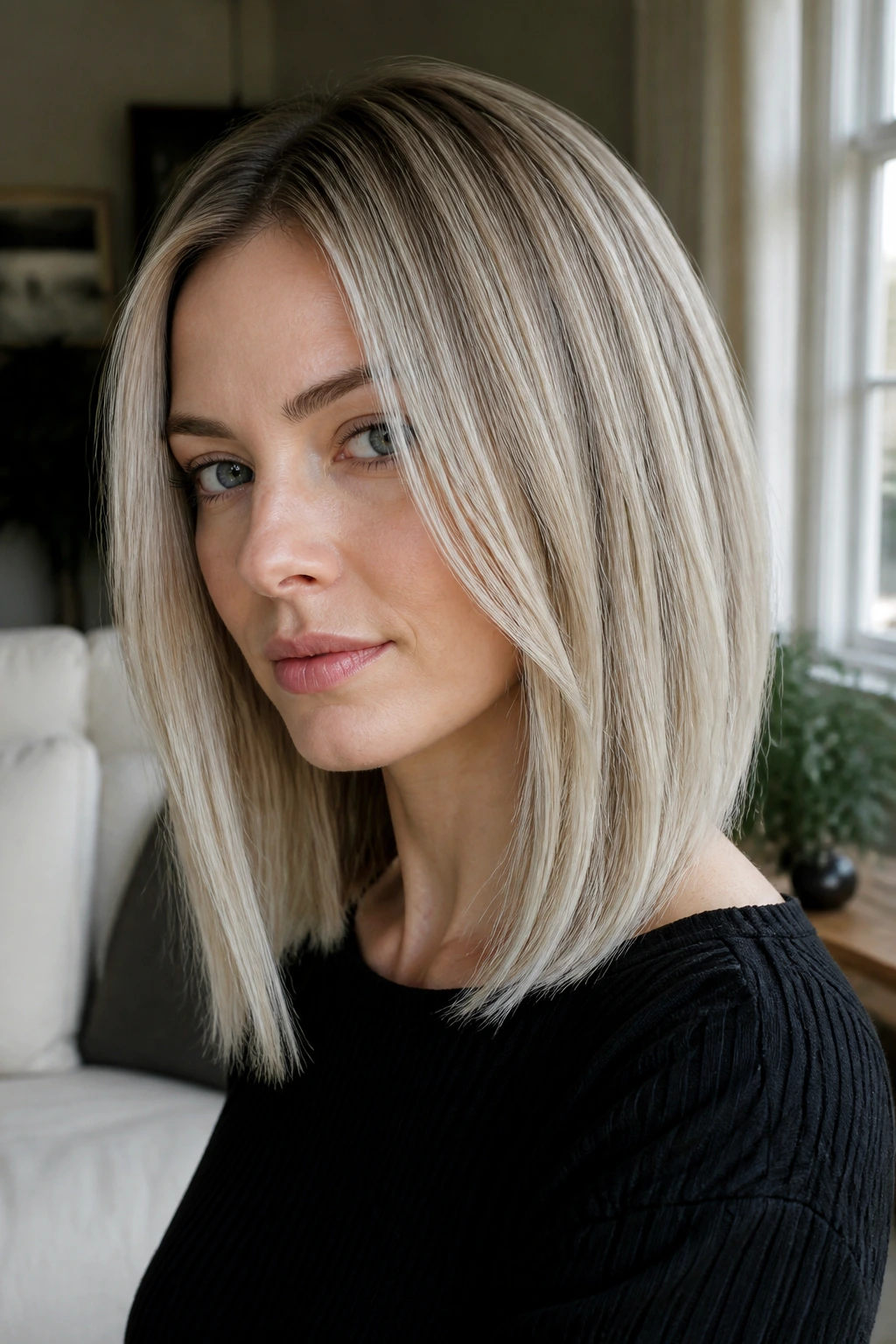 Close-up of Nordic blonde blend with soft beige roots and bright ash pieces on a real woman