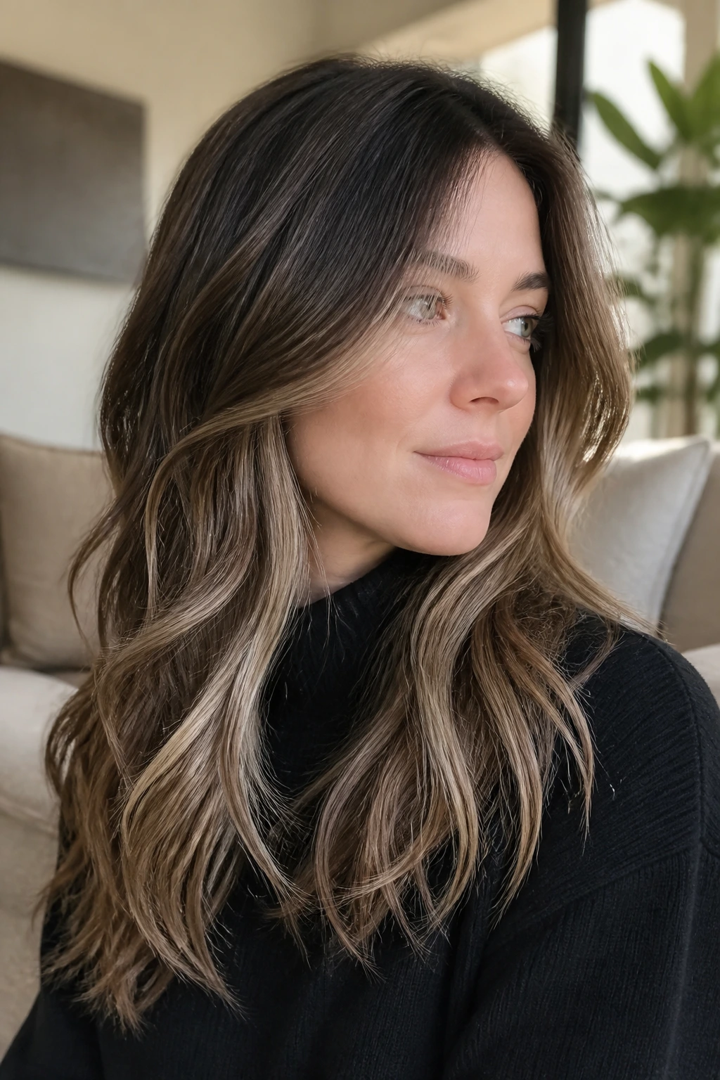 Close-up portrait showing Nordic Blonde Peekaboo Pieces under a cool brunette top layer on a real person
