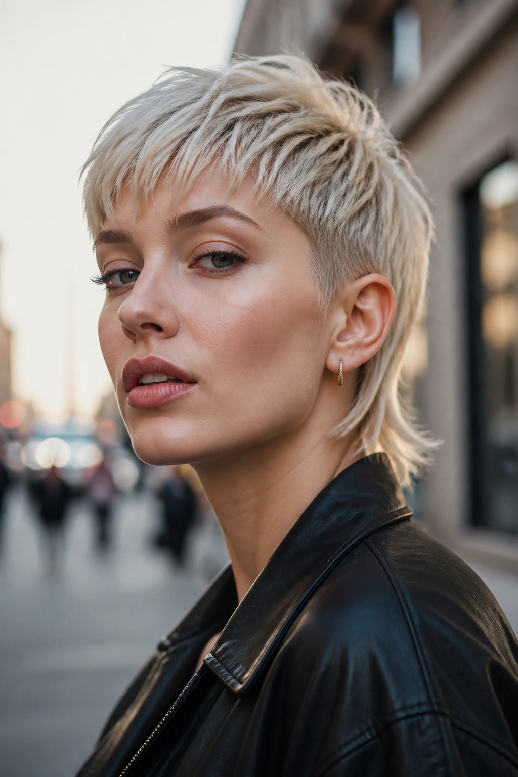 Portrait of a person with Nordic blonde pixie mullet