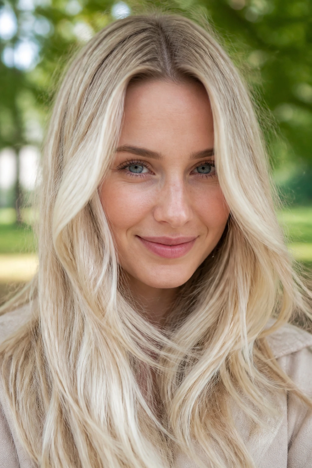 Close-up portrait of Nordic blonde with sandy shadow root