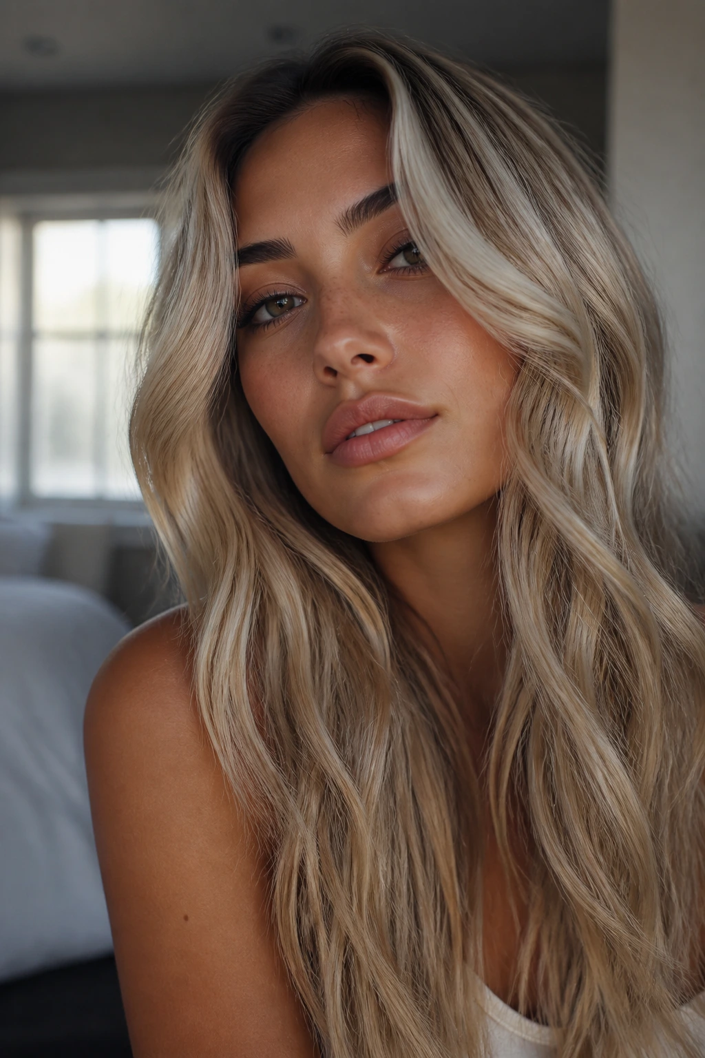 Close-up portrait of a real person with Nordic blonde hair and tan skin in natural window light