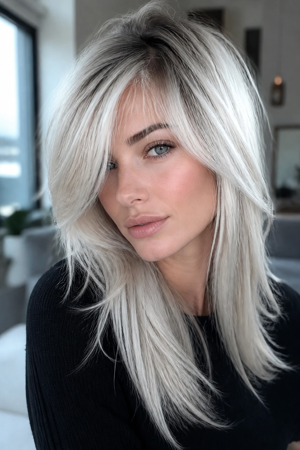 Close-up portrait of a real woman with Nordic ice blonde balayage and feathered side-swept bangs.
