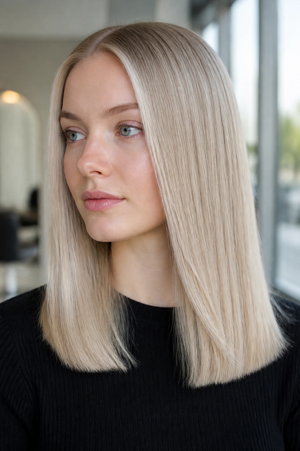 Portrait of real person with a cool blonde Nordic straight cut.