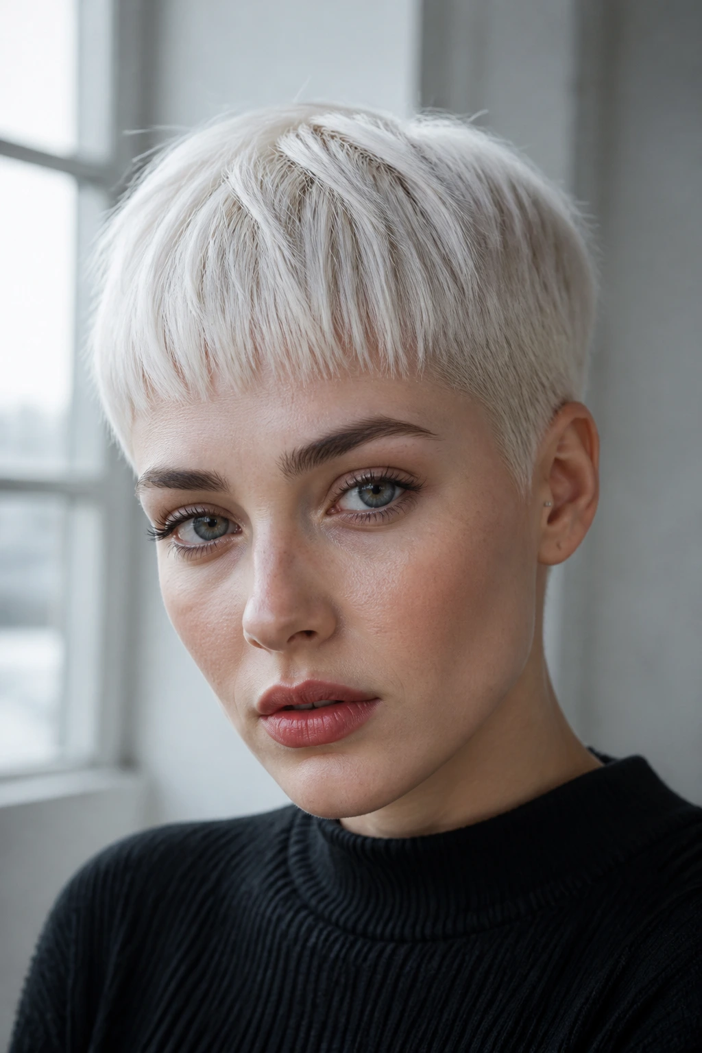 Close-up portrait of a real woman with Nordic white crop hair