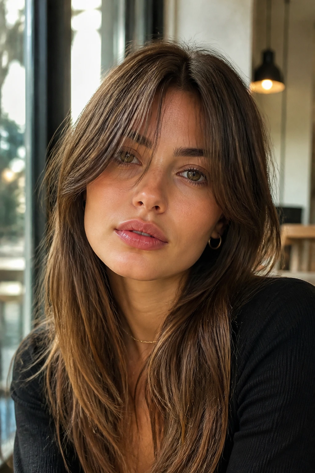 Close-up portrait of a person with nose-bridge bangs