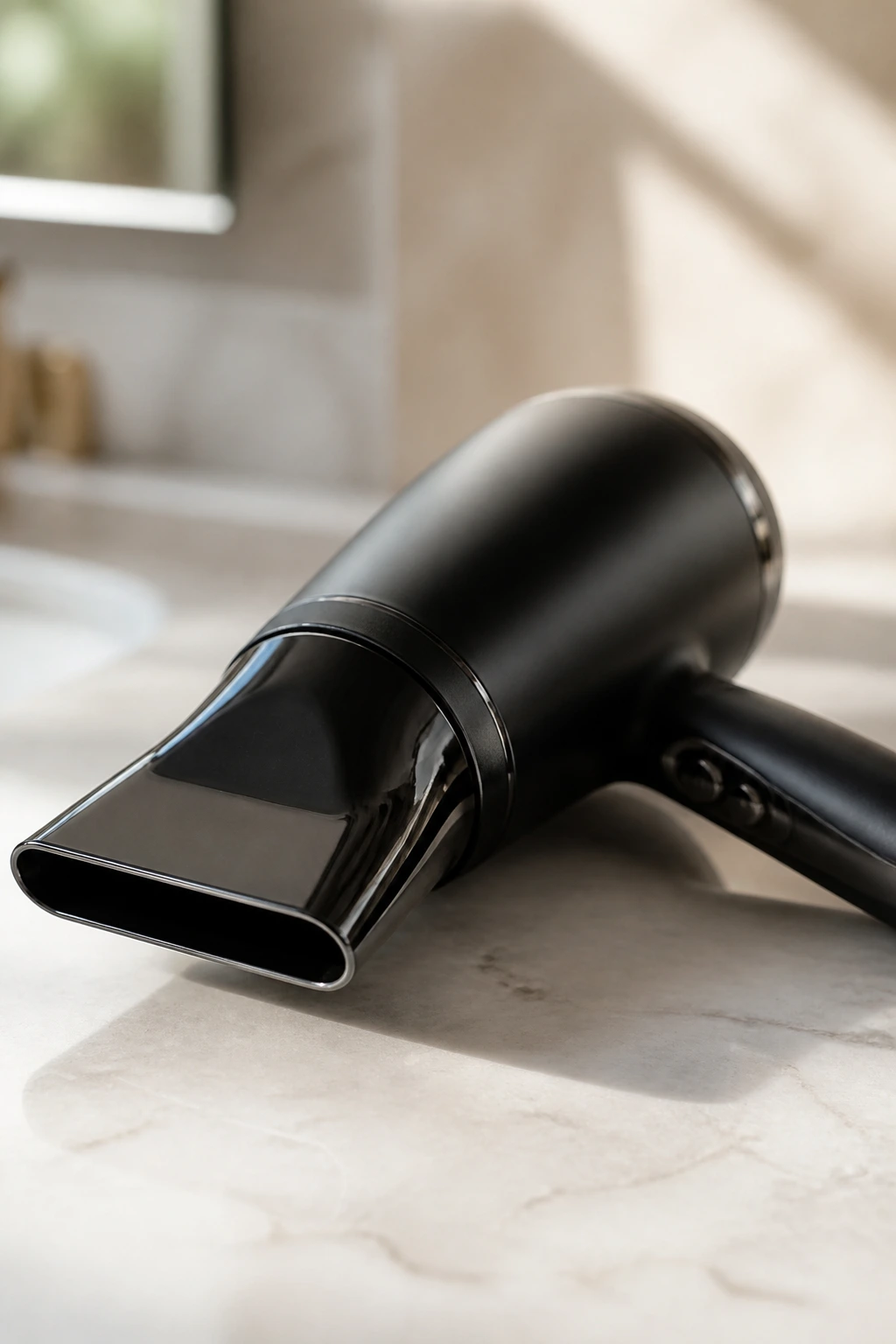 Close-up of a nozzle-equipped blow dryer on a bathroom counter.